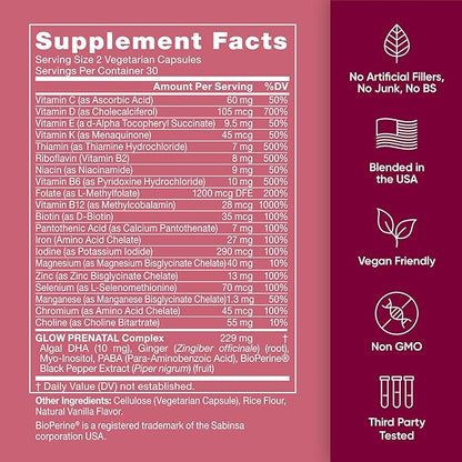 Glow Prenatal Vitamins for Women – 20-in-1 Vital Nutrients for Healthy Pregnancy and Fetal Development – Folic Acid & Vegan DHA For Baby's Growth & A Comfortable Pregnancy – 60 Nourishing Capsules