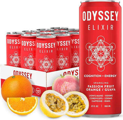 Odyssey Elixir Functional Beverage - Adaptogen Drink - Lions Mane, Cordyceps, L Theanine & Green Tea Caffeine - for Cognition, Energy & Mood Boost - 0 Added Sugar - Passion Fruit Orange Guava - 12 Pk