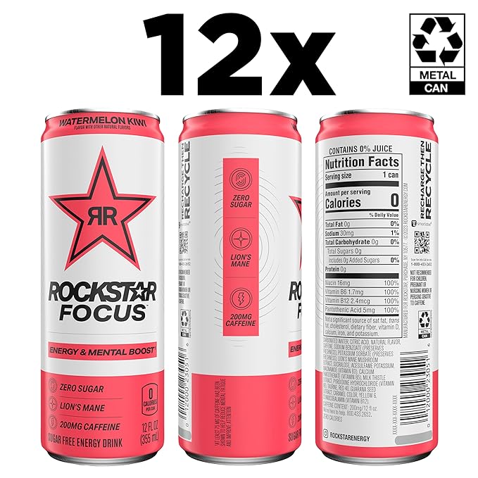 Rockstar Focus, Watermelon Kiwi, 12 Fl Oz Cans (Pack of 12)