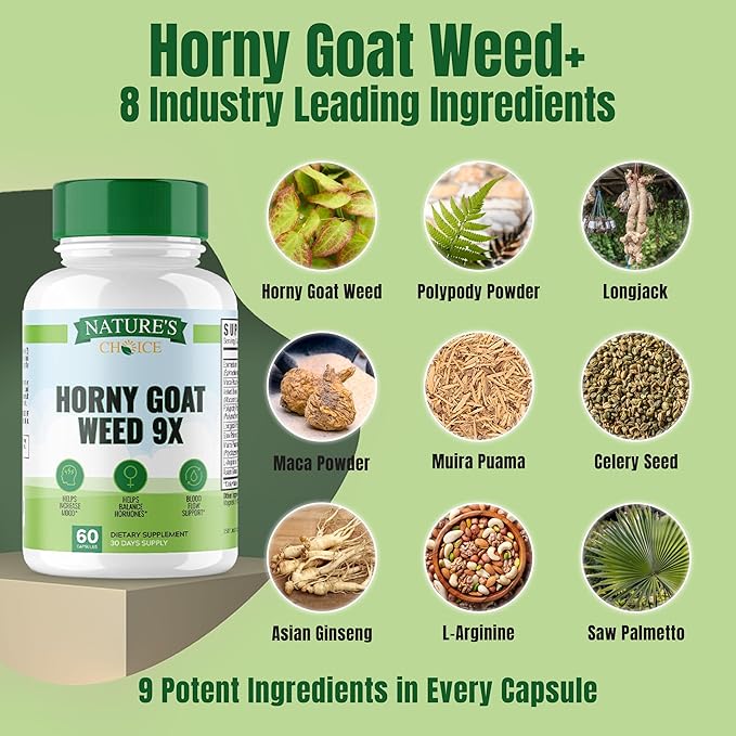 Nature's Choice - Horny Goat Weed 9x Active Ingredients for Blood Flow, Hormone Balance, Energy & Stamina - L-Arginine, Longjack, Saw Palmetto + 6 More Ingredients - 3rd Party Tested - 60 Capsules