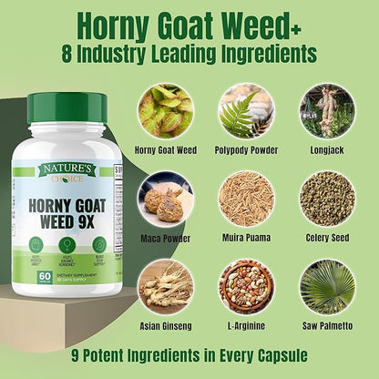 Nature's Choice - Horny Goat Weed 9x Active Ingredients for Blood Flow, Hormone Balance, Energy & Stamina - L-Arginine, Longjack, Saw Palmetto + 6 More Ingredients - 3rd Party Tested - 60 Capsules