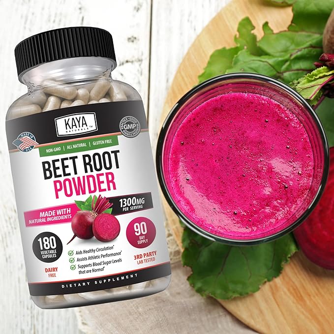 Kaya Naturals Organic Beet Root Powder 1300mg Per Serving 60 Veggie Capsules Supports Athletic Performance Aids in Healthy Circulation (60)
