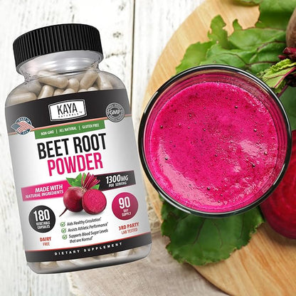 Kaya Naturals Organic Beet Root Powder 1300mg Per Serving 60 Veggie Capsules Supports Athletic Performance Aids in Healthy Circulation (60)