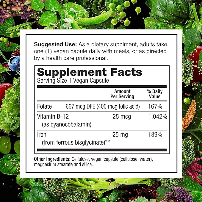 PlantFusion Vegan Iron Supplements from, Premium Plant Based Iron Supplements for Women and Men (25mg), Plus Folate & B12, 90 Veggie Capsules