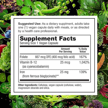 PlantFusion Vegan Iron Supplements from, Premium Plant Based Iron Supplements for Women and Men (25mg), Plus Folate & B12, 90 Veggie Capsules