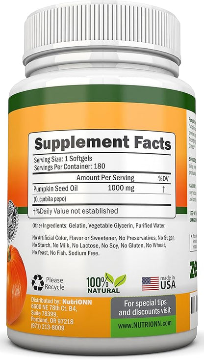 Pumpkin Seed Oil - 1000MG - 180 Softgels - Cold-Pressed Natural Pumpkin Seed Oil - Natural Source of Essential Fatty Acids - Great for Hair Growth, Prostate Health, Joint Health and GI Tract