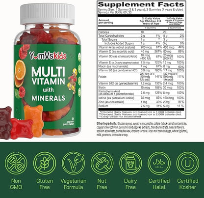 YumVs Kids Multivitamin Gummies - Fruit Flavored Chewable Children's Multivitamin - Kids Vitamins Multivitamin Gummy with 12 Minerals & Vitamins A C D3 E B6 B12 - Kosher Halal Gluten Free (120 Count)