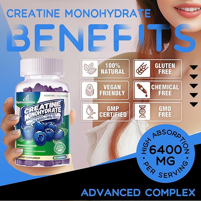 Creatine Monohydrate Gummies Complex 6400mg for Men & Women -Advanced Formula W/L-Taurine + Vitamin B12, Sugar Free Chewable Supplement,90 Blueberry Gummies