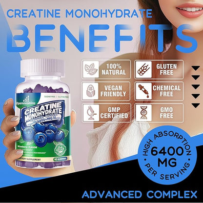 Creatine Monohydrate Gummies Complex 6400mg for Men & Women -Advanced Formula W/L-Taurine + Vitamin B12, Sugar Free Chewable Supplement,90 Blueberry Gummies