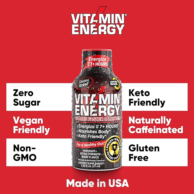 Pre Workout Vitamin Energy Drink - Keto Friendly Sugar Free Shots | Natural Clean Green Tea Caffeine with Proprietary Endurance Blend | Energize up to 7+ Hours - Berry - 1.93 Fl Oz (Pack of 48)