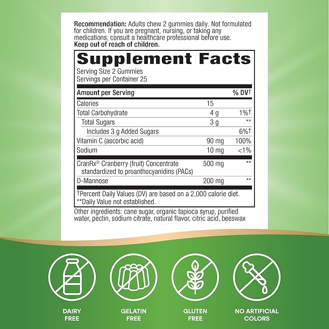 Nature's Way CranRx Cranberry Gummies, Urinary Tract Health Support*, 100% Whole Cranberry Fruit Concentrate with D-Mannose, Vitamin C, 50 Gummies (Packaging May Vary)