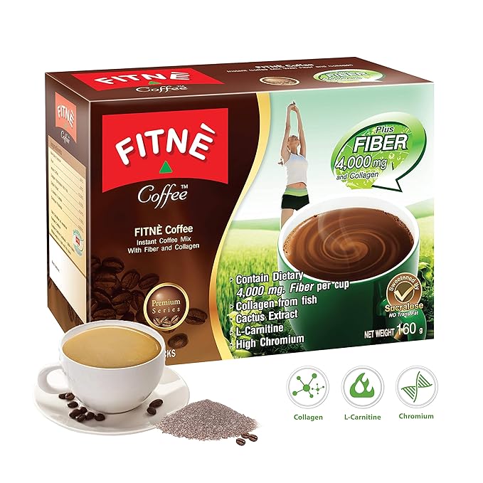 FITNE Premium Instant Coffee Packets Mix With Fiber 4,000 mg Collagen Cactus Extract L-Carnitine High Chromium No Sugar Sucralose Sweetener, 10 Sticks