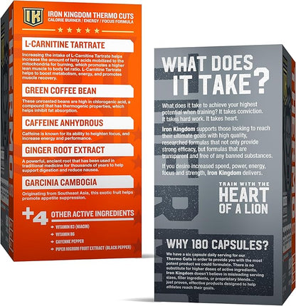 Iron Kingdom Thermo Cuts Thermogenic Burner - Metabolism Booster for Intense Energy Focus & Burn - L-Carnitine & Caffeine Pre Workout Supplement for Men & Women - 180 Capsules