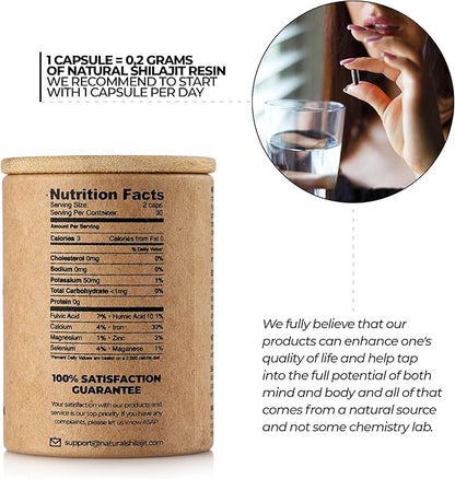 NATURAL SHILAJIT Capsules (1-2 Months Supply) - 60 Count - Shilajit for Men & Women with Fulvic Acid & Trace Minerals, Plant Based Nutrients for Energy, Immune Support & Vitality