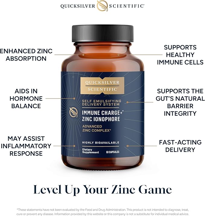 Quicksilver Scientific Immune Charge+ Zinc Ionophore - Zinc Supplement Complexed with Quercetin, Luteolin, Hesperetin Immune + GI Support (60 Capsules)