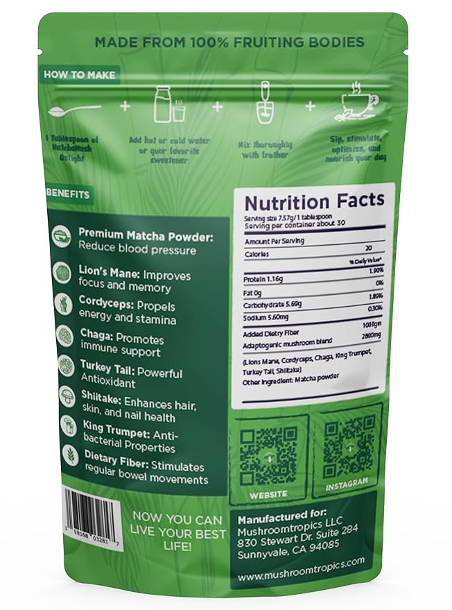 Mushroomtropics Matcha Mush Delight Mushroom Coffee Alternative, 2,800mg Adaptogenic Mushroom Blend and Fiber per Serving. for Better Energy, Bloating Relief, Mental Clarity and Immunity 30 Servings
