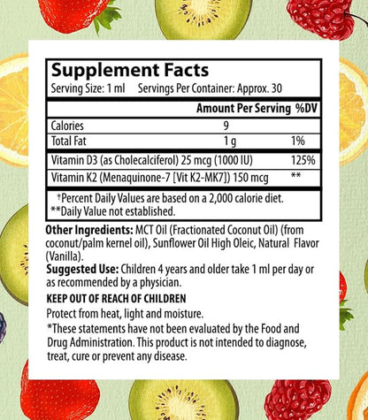 Go Healthy Vitamin D3 K2 (MK-7) All-Trans Drops for Kids - Easy-to-Absorb Vegan D Liquid, Children's Growth & Immune Support, Gluten Free, Delicious Vanilla Flavor - 30 Servings