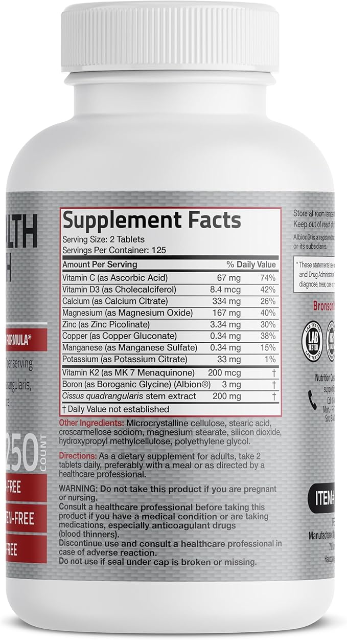 Bronson Bone Health & Strength Complex* High Potency Formula 200 MCG of Vitamin K2 as MK7, Plus Calcium, Boron, Cissus Quadrangularis, Magnesium, Vitamin D3, and More - Non-GMO, 250 Tablets