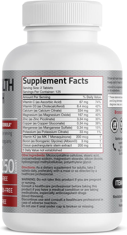 Bronson Bone Health & Strength Complex* High Potency Formula 200 MCG of Vitamin K2 as MK7, Plus Calcium, Boron, Cissus Quadrangularis, Magnesium, Vitamin D3, and More - Non-GMO, 250 Tablets