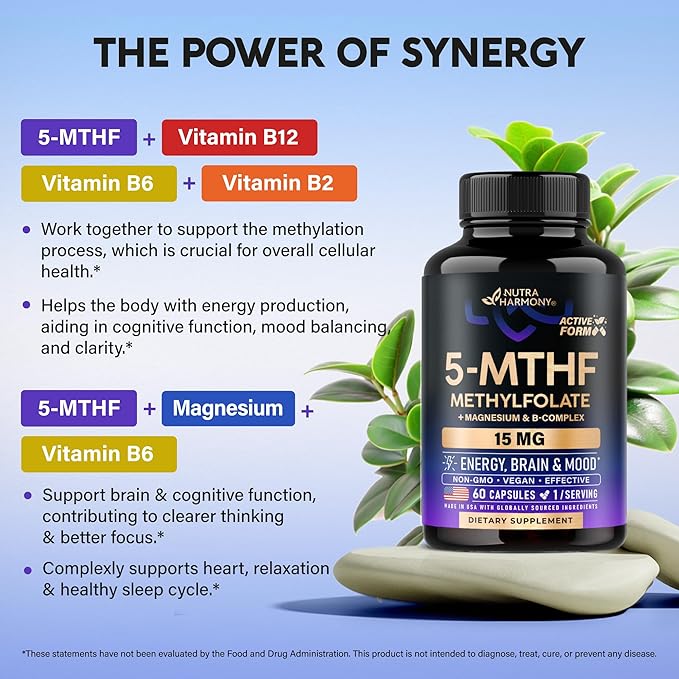 L Methylfolate 15 mg - 5-MTHF Methylfolate Supplement - plus Methyl B12, Vitamins B2 & B6, Magnesium - BioActive Vitamin B9 - Methylation Support, Energy & Brain - Made in USA, 60 Capsules for 2 Month