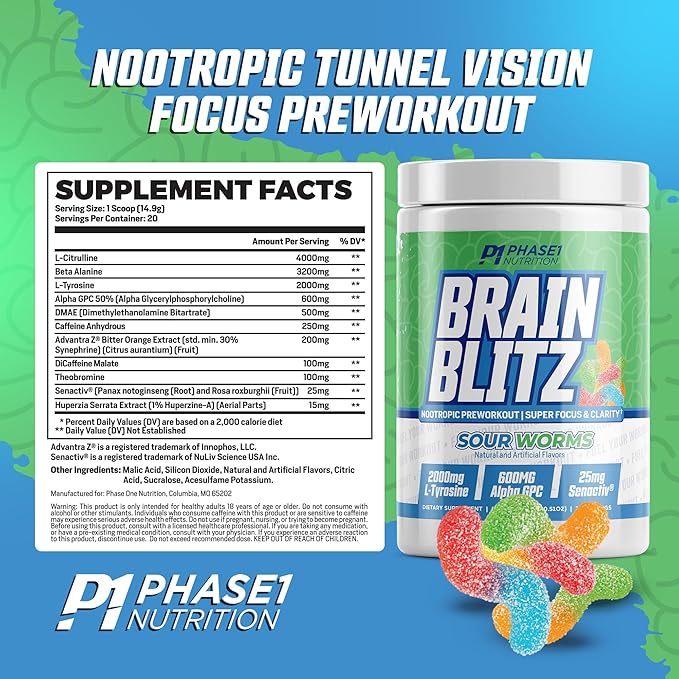 Phase 1 Nutrition Brain Blitz, Sour Worms - Nootropic Preworkout with Beta Alanine, L-Citrulline & 350 mg Caffeine