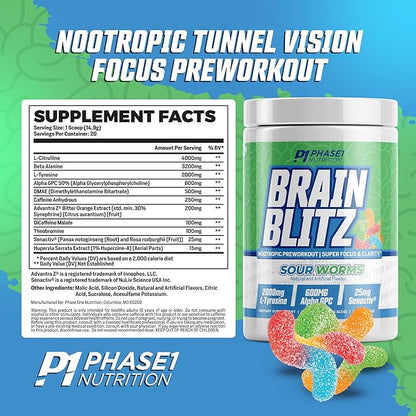 Phase 1 Nutrition Brain Blitz, Sour Worms - Nootropic Preworkout with Beta Alanine, L-Citrulline & 350 mg Caffeine