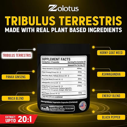 Zolotus 13in1 Tribulus Terrestris Capsules with Maca, Horny Goat Weed, Panax Ginseng, Saw Palmetto, Tongkat Ali, Shilajit & More - Energy, Stamina Supplement for Men & Women - 120 Counts