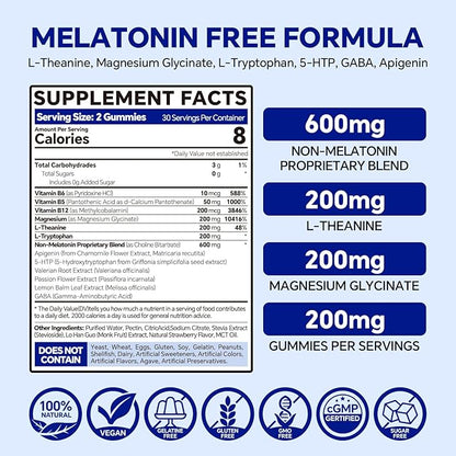 Melatonin Free 5-HTP GABA Sleep Supplement Gummies for Adults & Kids 12+ with L-Theanine, Magnesium Glycinate, L-Tryptophan, Apigenin - Sugar Free, Strawberry Flavor, Vegan, 120 Count