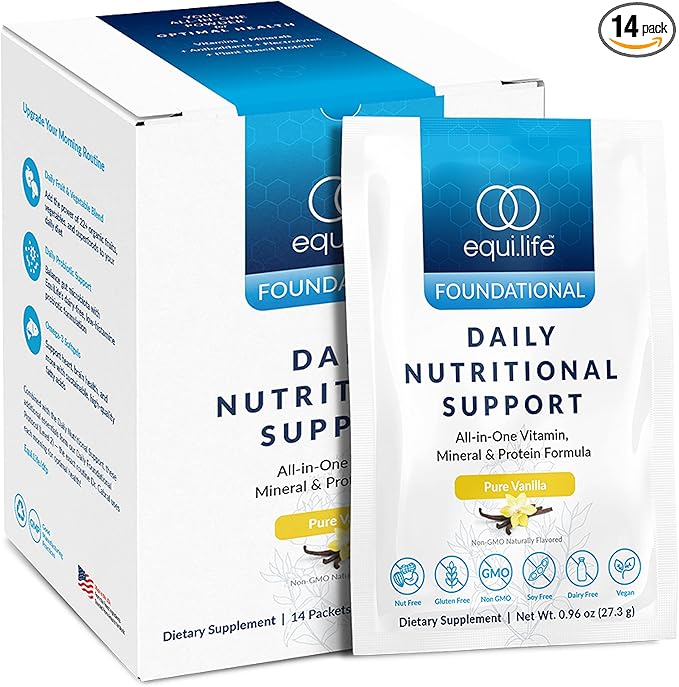 Equilife - Daily Nutritional Support, Organic and Plant Based Protein Powder, All-in-one Multivitamin, May Help Boost Energy and Mood, Gut-Cleansing Aid and Skin Health (Pure Vanilla,14 Packets)