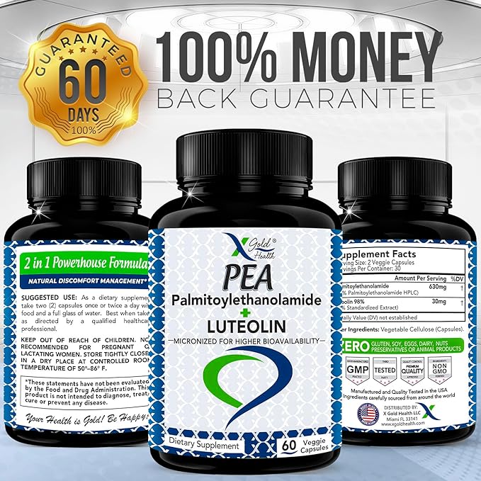 Palmitoylethanolamide 630 mg + Luteolin Standardized 98%- Micronized Pea 99% Highly Purified and Bioavailable - Made in USA - Supplement for Men and Women - 60 Veggie Capsules