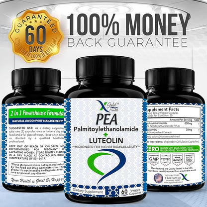 Palmitoylethanolamide 630 mg + Luteolin Standardized 98%- Micronized Pea 99% Highly Purified and Bioavailable - Made in USA - Supplement for Men and Women - 60 Veggie Capsules