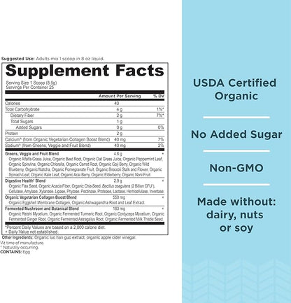 Ancient Nutrition Supergreens Powder, Organic Superfood Powder with Collagen, Made from Real Fruits, Vegetables and Herbs, for Digestive and Energy Support, 25 Servings, 7.5oz