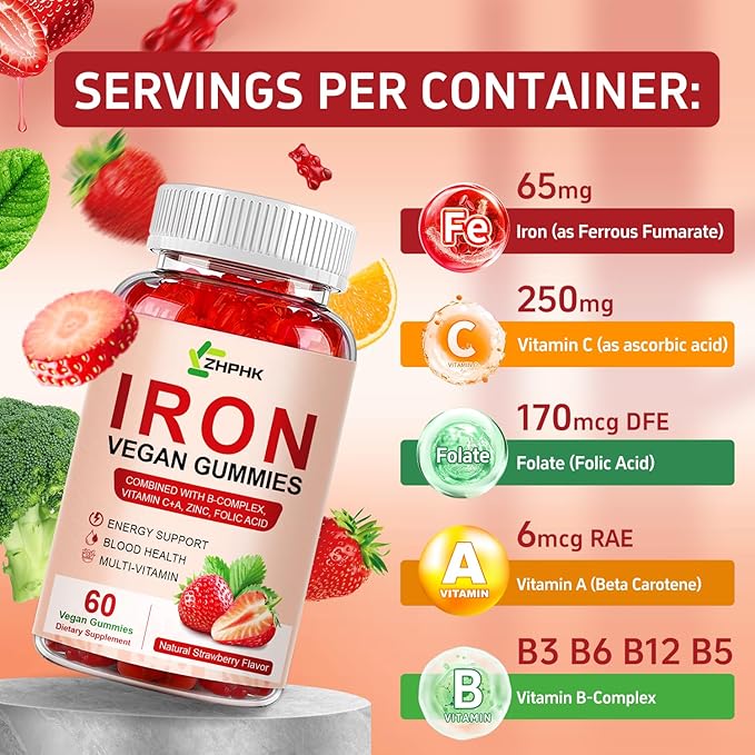 Iron Supplement Gummies for Women, Men & Kids, 65mg Iron & 250mg Vitamin C per Serving - Blood Builder & Immune Support Iron Vitamin Iron Gummy Vitamin with Folate, 2 Pack