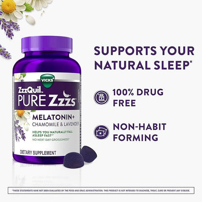 ZzzQuil PURE Zzzs Melatonin Sleep Aid Gummies, Helps You Fall Asleep Naturally, Wildberry Vanilla Flavor, Chamomile Lavender & Valerian Root, 1mg per gummy, 72 Count