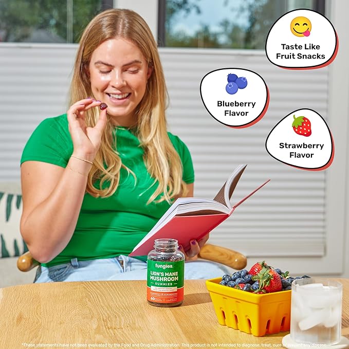 Fungies Lion's Mane Mushroom Gummies, Mixed Blueberry & Strawberry Flavor - Mushroom Supplement Gummy for Adults & Children Supports Brain Health, Cognitive Function, Focus, Memory & Mood, 60 Servings