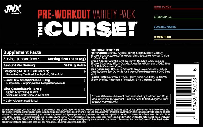 JNX SPORTS The Curse! Pre Workout Supplement - Energy & Focus, Strength Gains, Enhanced Blood Flow with Creatine & Caffeine | Sample Variety Pack | 5 x 8g Samples