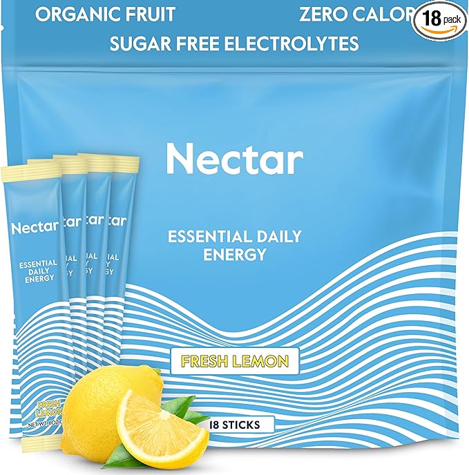 Nectar Energy Booster - Organic Caffeine, B12 & Electrolytes - Sugar Free & Zero Calorie – Healthy Coffee, Energy Drink & Soda Alternative – Hydration & Energy Supplement (Lemon 18 Powder Packets)