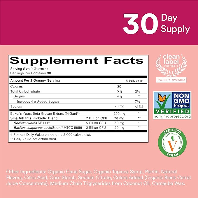 SmartyPants Men's & Women's Probiotic Immunity Gummies: Prebiotics & Probiotics for Digestive Health & Immune Support Supplement, Gluten Free, Vegan, Strawberry Crème Flavor, 60 Count (30 Day Supply)