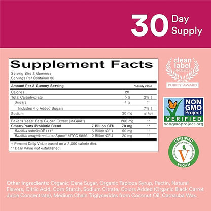 SmartyPants Men's & Women's Probiotic Immunity Gummies: Prebiotics & Probiotics for Digestive Health & Immune Support Supplement, Gluten Free, Vegan, Strawberry Crème Flavor, 60 Count (30 Day Supply)