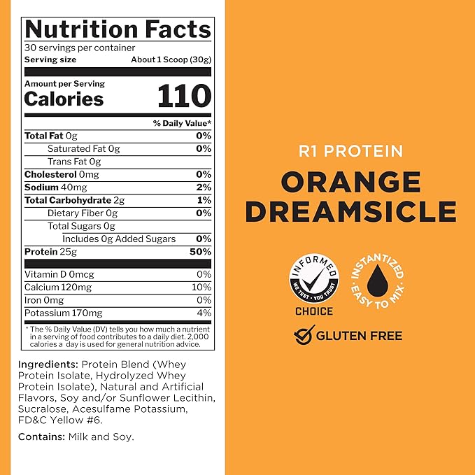 Rule One Proteins R1 Protein - 25g Fast-Acting, Super-Pure 100% Isolate and Hydrolysate Protein Powder with 6g BCAAs (2 Pounds*, Orange Dreamsicle)