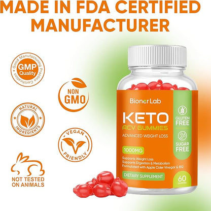 Keto ACV Gummies for Advanced Weight Loss Rapid Belly Fat Burn - Sugar Gluten Free Pro Active Super Apple Cider Vinegar Diet Supplement for Men Women - Digestion Metabolism Hair Skin Health (1000MG)