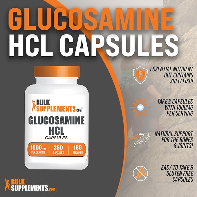 BulkSupplements.com Glucosamine HCl Capsules - Glucosamine 1000mg, Glucosamine Supplement, Glucosamine Capsules - Joint Supplements, Gluten Free, 2 Capsules per Serving, 360 Capsules