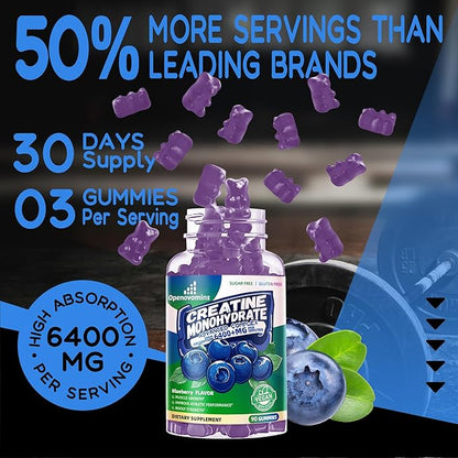 Creatine Monohydrate Gummies Complex 6400mg for Men & Women -Advanced Formula W/L-Taurine + Vitamin B12, Sugar Free Chewable Supplement,90 Blueberry Gummies