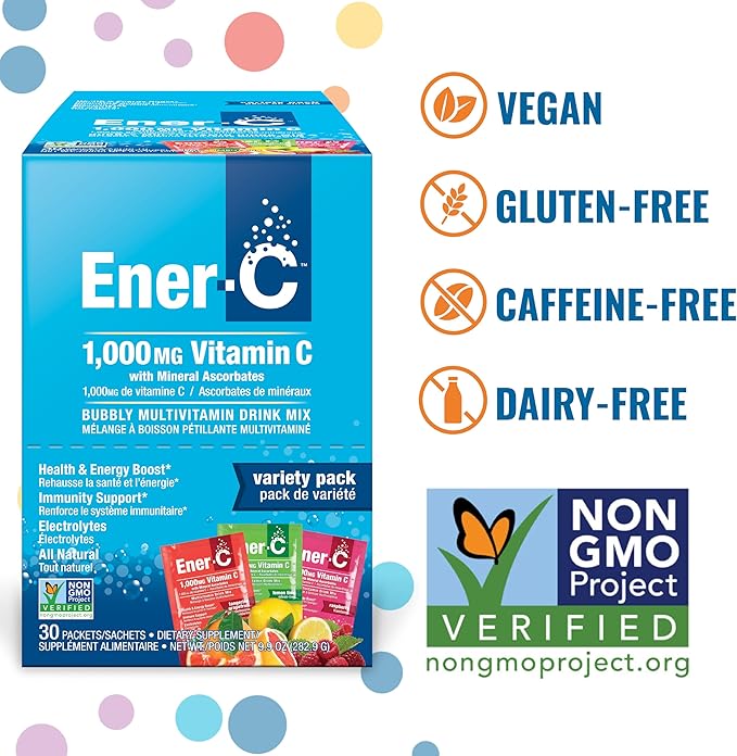 Ener-C Variety Pack Multivitamin Drink Mix Powder Vitamin C 1000mg & Electrolytes with Real Fruit Juice Natural Energy & Immune Support for Women & Men - Non-GMO Vegan & Gluten Free - 60 Count