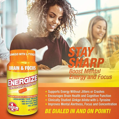 iSatori Energize Brain & Focus Caffeine Pills - Fast Acting All Day Energy Pills, Brain Booster, Energy and Focus Supplement, Time Release Caffeine Means No Jitters, No Crash (60 Tablets)