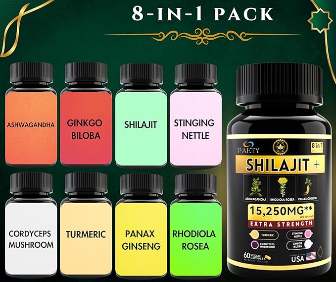 8-in-1 Vitality Bundle | Pure Himalayan Shilajit with Rhodiola, Ashwagandha, Ginseng, Ginkgo Biloba, Turmeric, Cordyceps & Stinging Nettle for Full Body Wellness | Boost Immunity & Enhance Energy