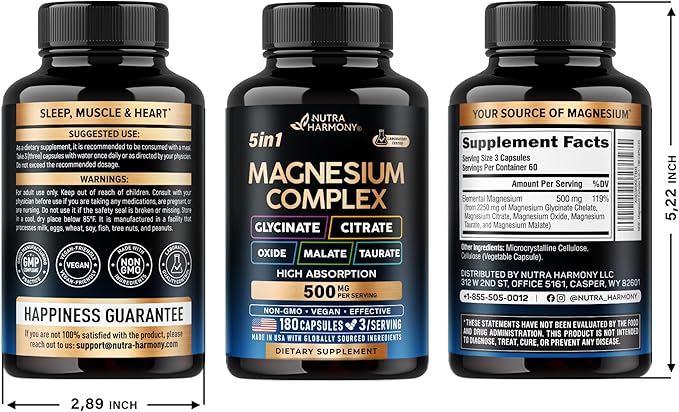 Magnesium Supplement - 5 in 1 Complex | Glycinate | Citrate | Malate | Taurate | Oxide - Made in USA - Stress, Muscle & Heart Support - Vegan, Natural, Non-GMO - 180 Capsules, 2 Month Supply