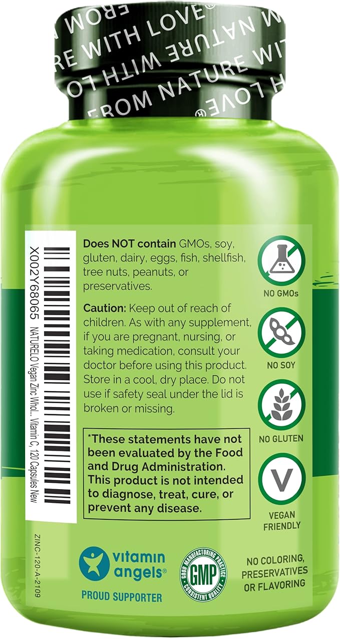 NATURELO Vegan Zinc Immune Support Capsules - Whole Food Complex with Vitamin C for Healthy Skin, Hair, and Nails - 120 Capsules (2 Pack)