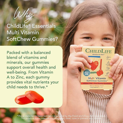 CHILDLIFE ESSENTIALS Kids Multivitamin SoftChew Gummies - Kids Vitamins, Multivitamin for Kids, Multivitamin Gummies, Toddler Vitamins, Kids Chewable Vitamin, Sugar Free - Natural Orange, 27 Tablets