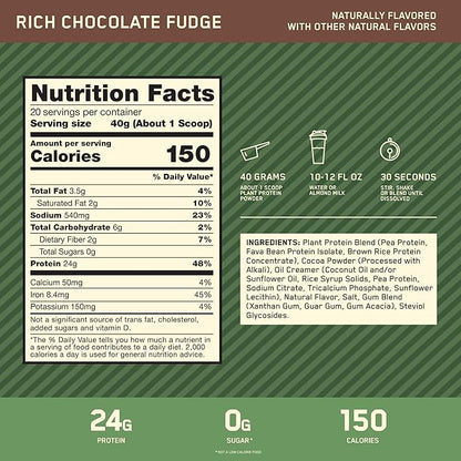 Optimum Nutrition Gold Standard 100% Plant Based Protein Powder, Gluten Free, Vegan Protein for Muscle Support and Recovery with Amino Acids - Rich Chocolate Fudge, 20 Servings (Packaging May Vary)